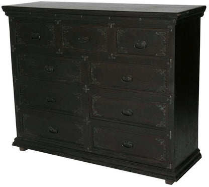 60" Dark Brown Carved Scrollwork Solid Wood Nine Drawer Double Dresser