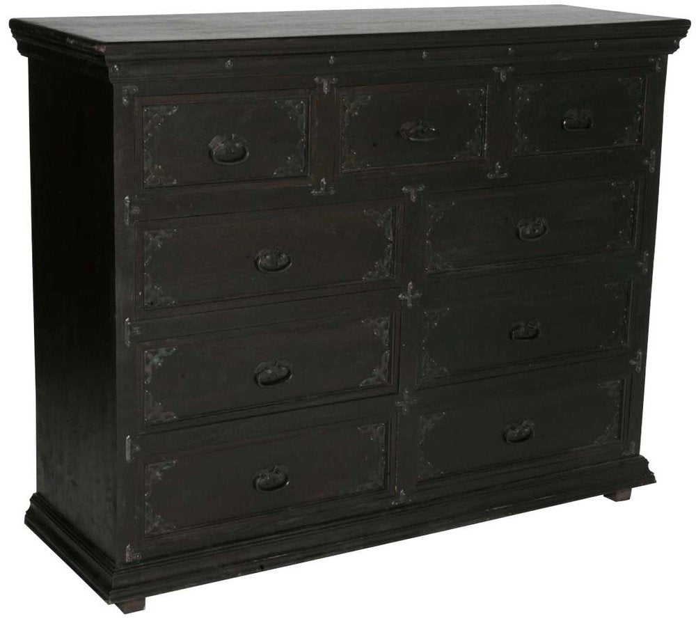 60" Dark Brown Carved Scrollwork Solid Wood Nine Drawer Double Dresser