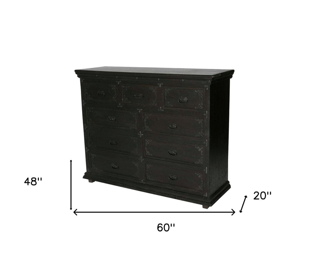 60" Dark Brown Carved Scrollwork Solid Wood Nine Drawer Double Dresser