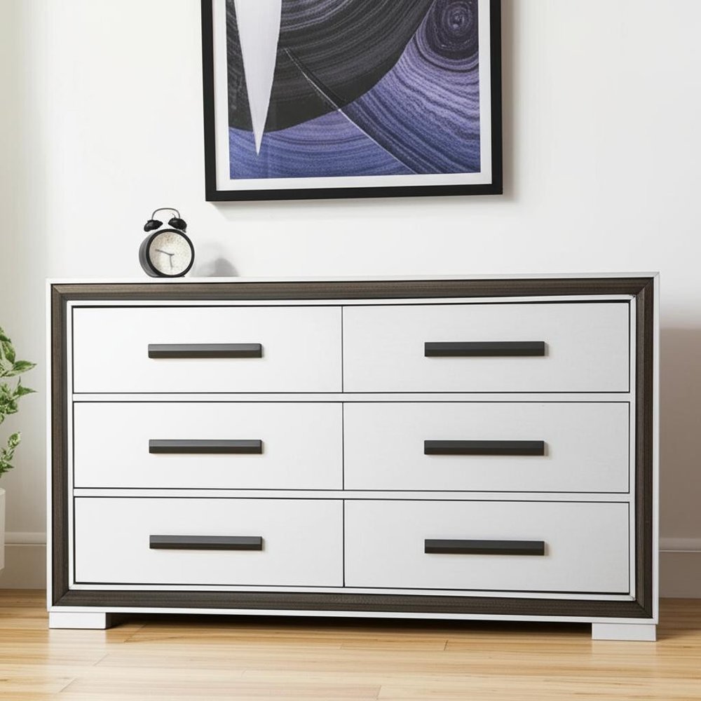 60" Gray And Black Wood Six Drawer Double Dresser