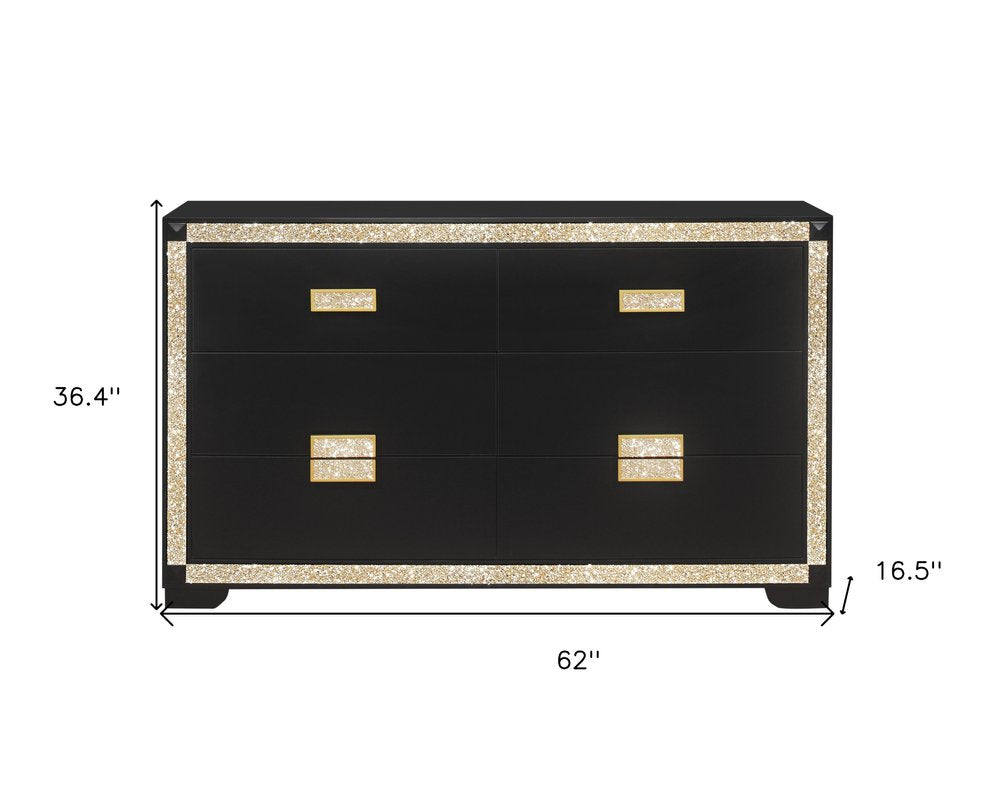62" Black And Gold Faux Crystal Bling Wood Six Drawer Double Dresser