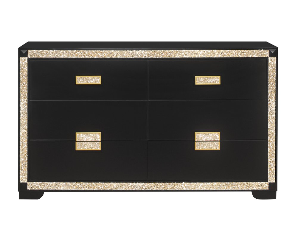 62" Black And Gold Faux Crystal Bling Wood Six Drawer Double Dresser