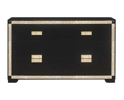 62" Black And Gold Faux Crystal Bling Wood Six Drawer Double Dresser