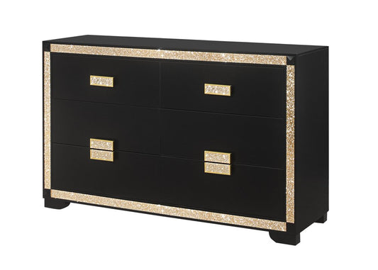 62" Black And Gold Faux Crystal Bling Wood Six Drawer Double Dresser