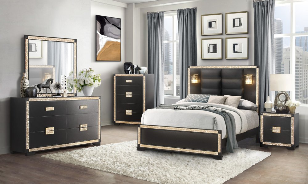 62" Black And Gold Faux Crystal Bling Wood Six Drawer Double Dresser