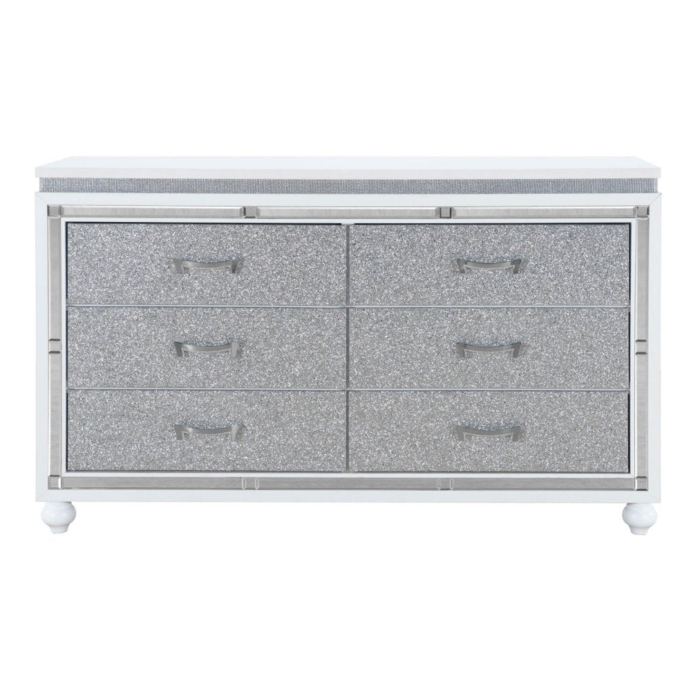 58" White And Silver Faux Crystal Bling Wood Six Drawer Double Dresser