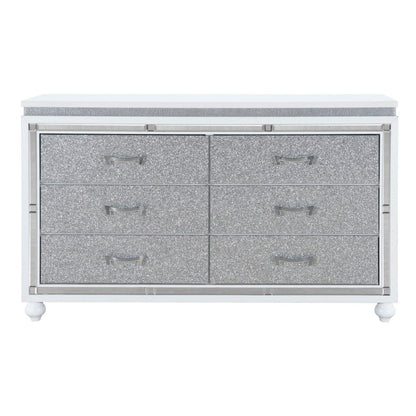 58" White And Silver Faux Crystal Bling Wood Six Drawer Double Dresser
