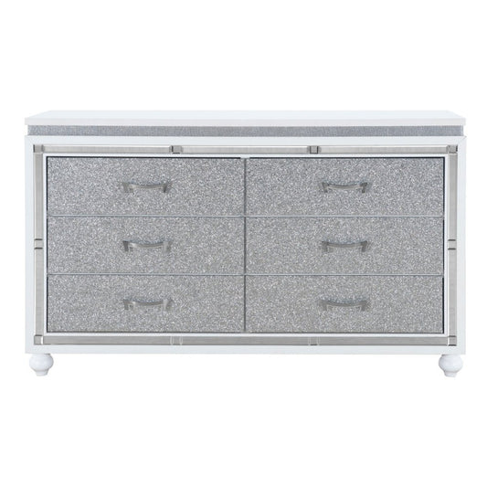 58" White And Silver Faux Crystal Bling Wood Six Drawer Double Dresser
