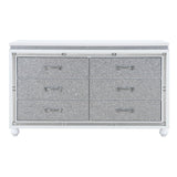 58" White And Silver Faux Crystal Bling Wood Six Drawer Double Dresser