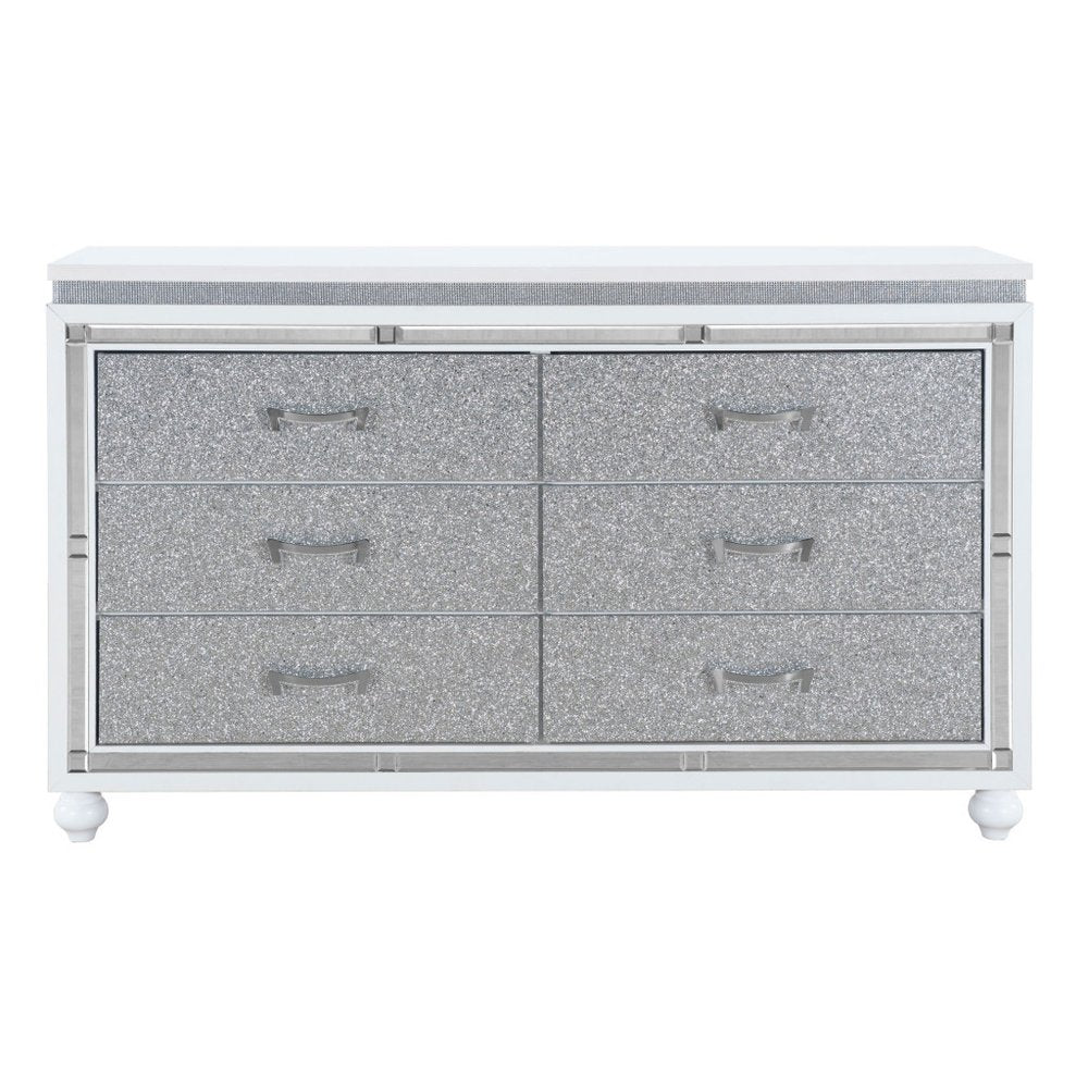 58" White And Silver Faux Crystal Bling Wood Six Drawer Double Dresser