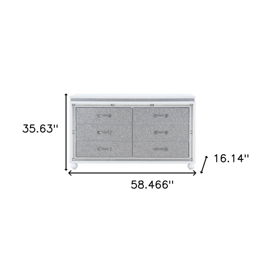 58" White And Silver Faux Crystal Bling Wood Six Drawer Double Dresser
