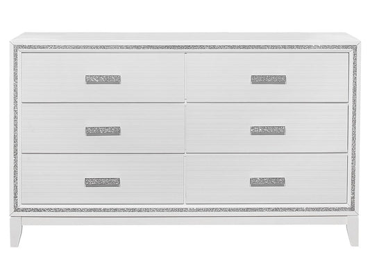 63" White And Silver Faux Crystal Bling Wood Six Drawer Double Dresser