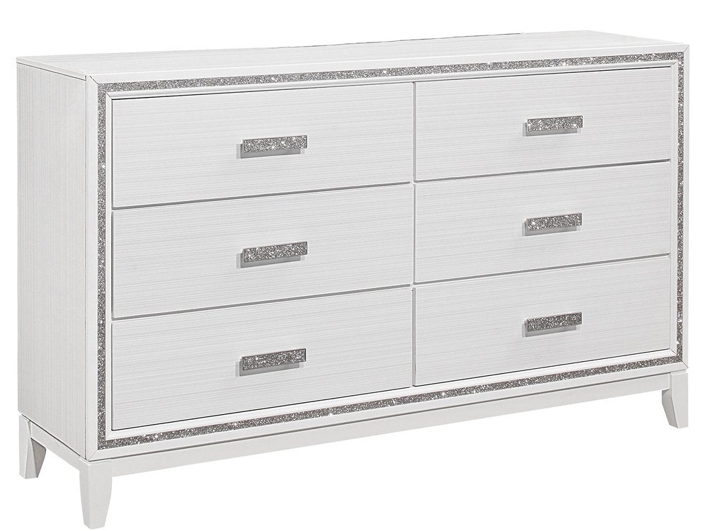63" White And Silver Faux Crystal Bling Wood Six Drawer Double Dresser