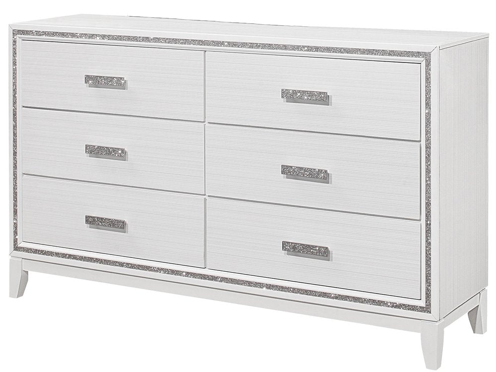 63" White And Silver Faux Crystal Bling Wood Six Drawer Double Dresser