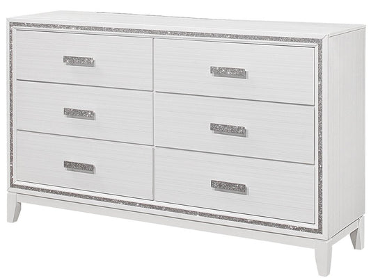 63" White And Silver Faux Crystal Bling Wood Six Drawer Double Dresser