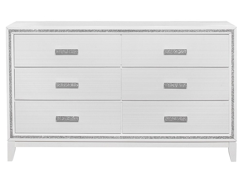 63" White And Silver Faux Crystal Bling Wood Six Drawer Double Dresser