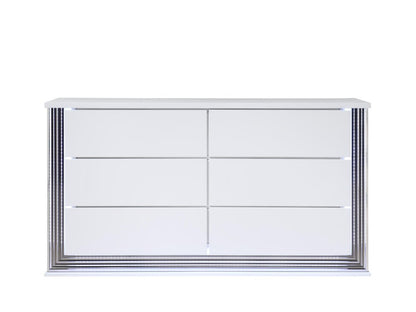 61" White Wood Lighted Six Drawer Double Dresser