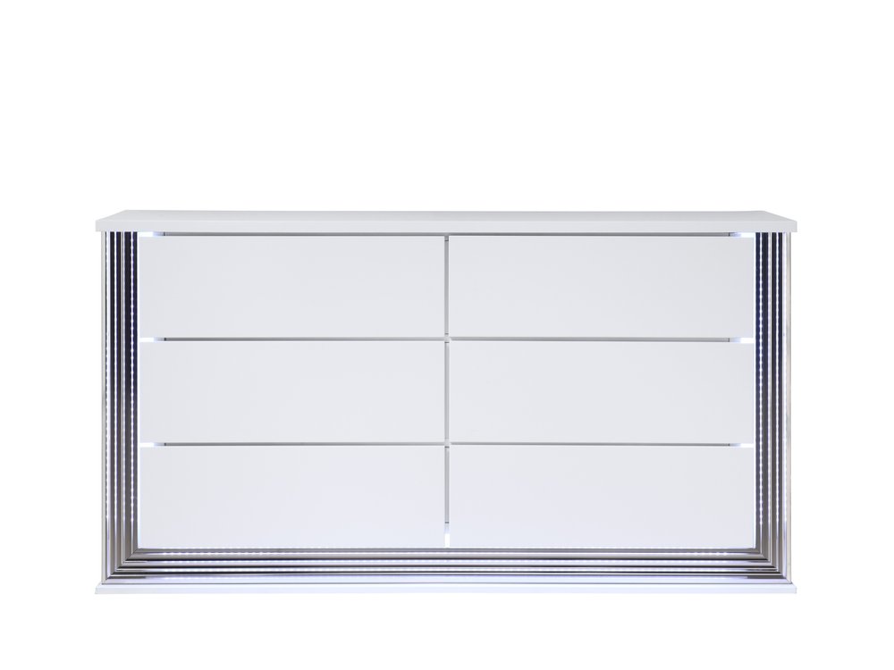 61" White Wood Lighted Six Drawer Double Dresser