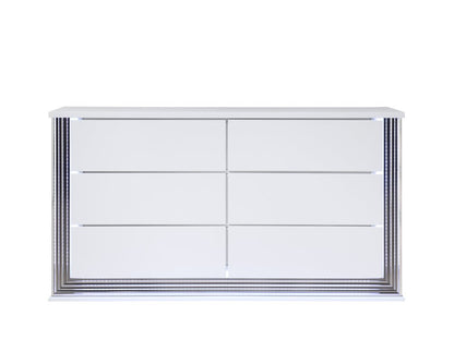 61" White Wood Lighted Six Drawer Double Dresser