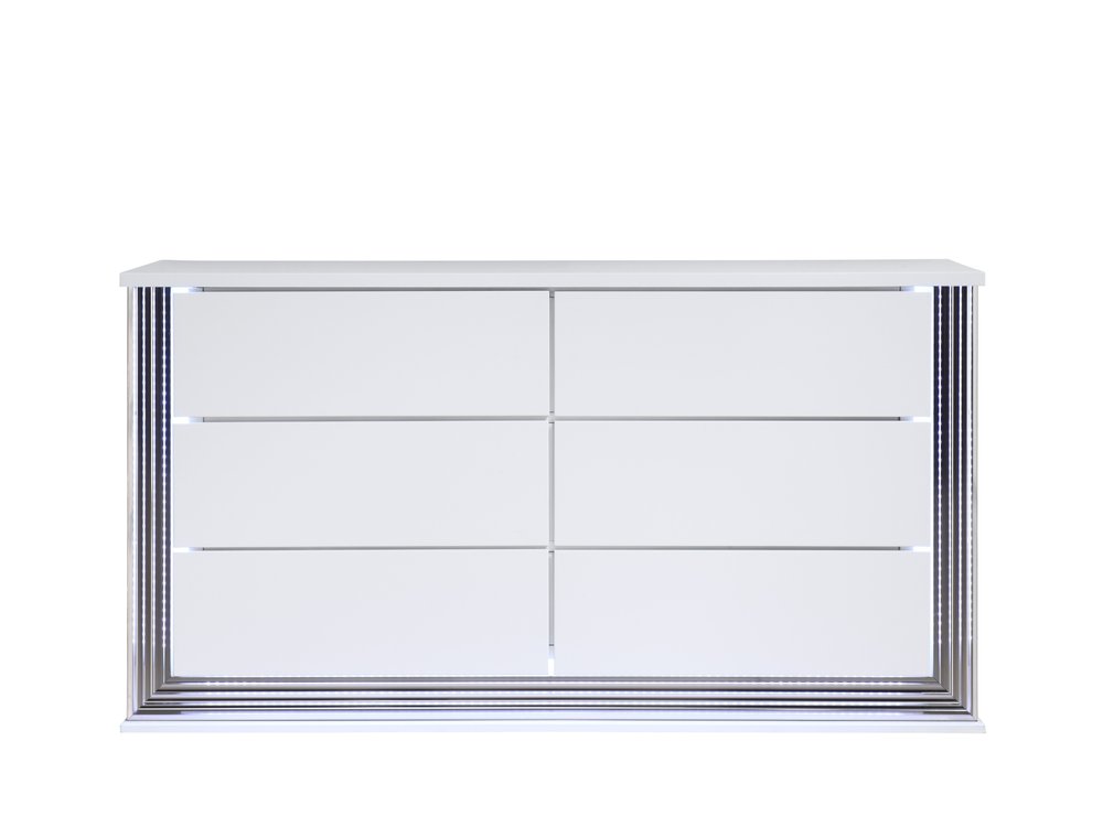 61" White Wood Lighted Six Drawer Double Dresser