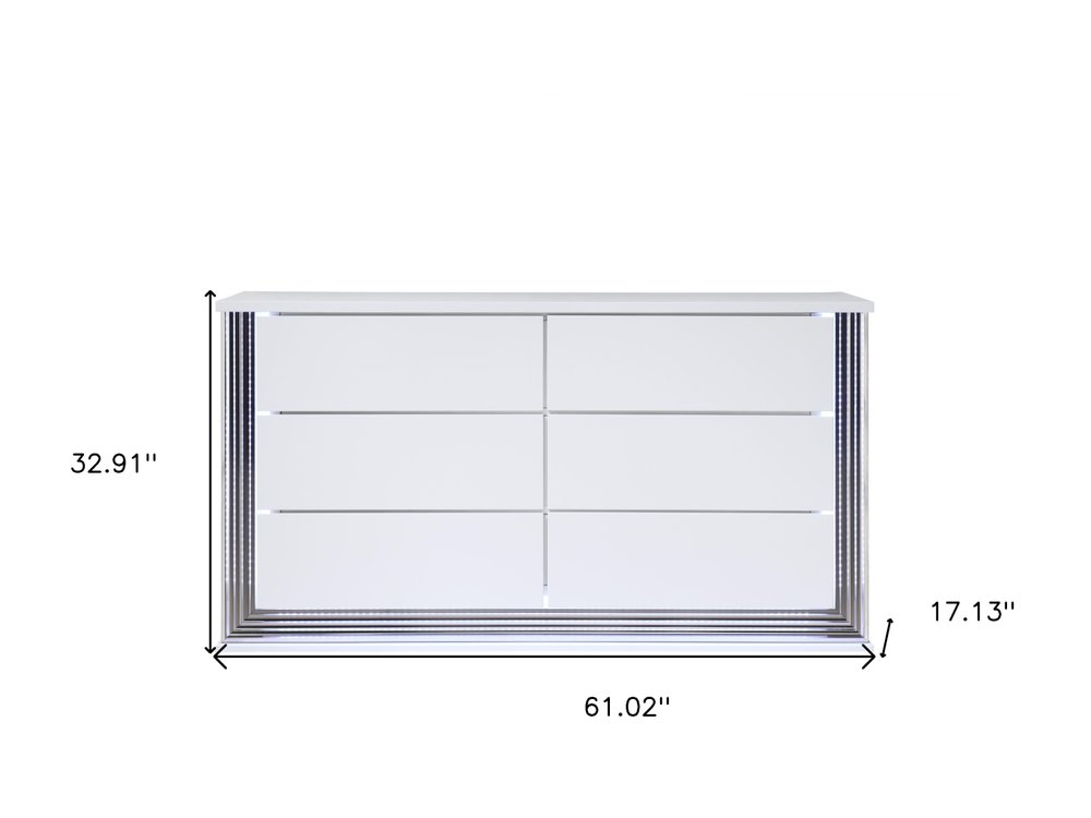61" White Wood Lighted Six Drawer Double Dresser