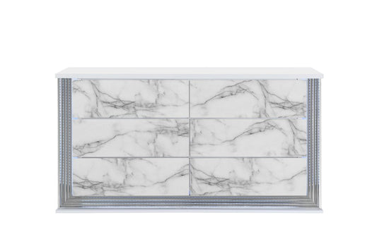 61" White Faux Marble And Wood Lighted Six Drawer Double Dresser