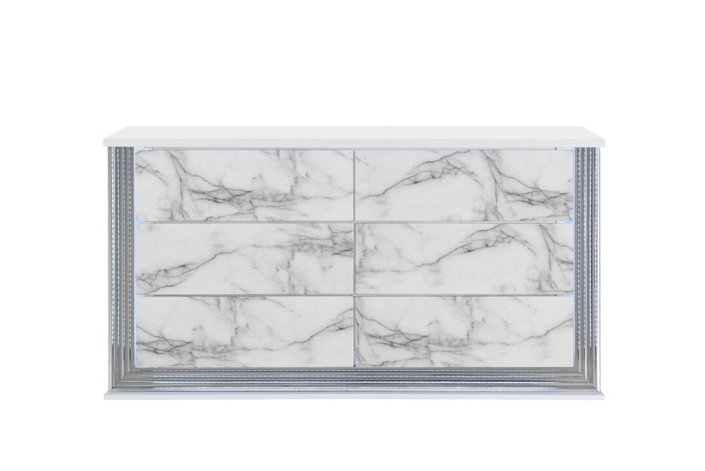 61" White Faux Marble And Wood Lighted Six Drawer Double Dresser