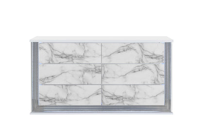 61" White Faux Marble And Wood Lighted Six Drawer Double Dresser
