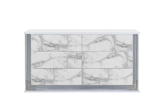 61" White Faux Marble And Wood Lighted Six Drawer Double Dresser