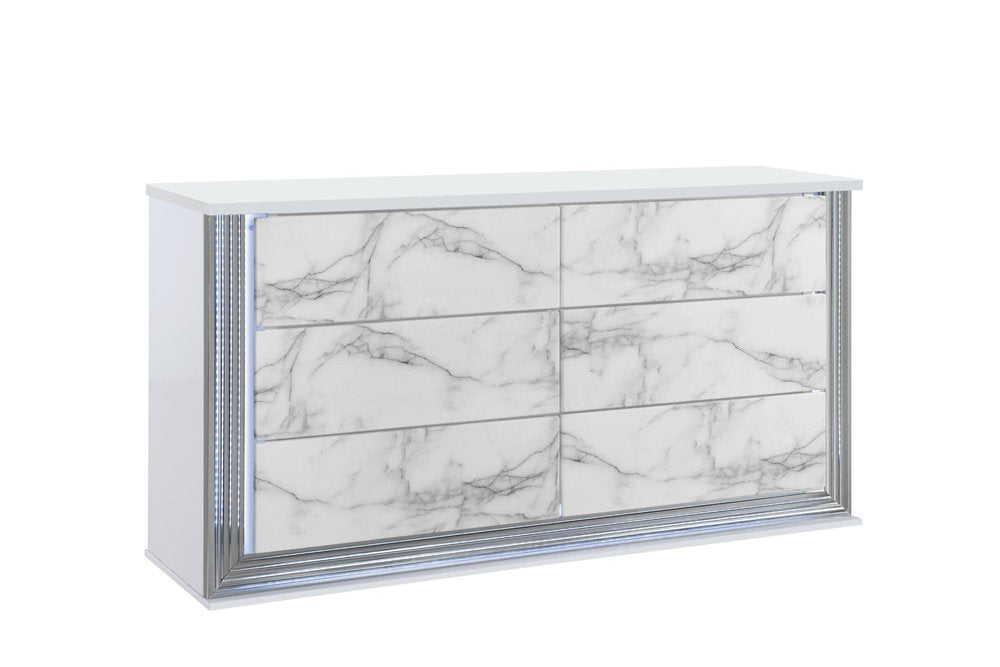 61" White Faux Marble And Wood Lighted Six Drawer Double Dresser
