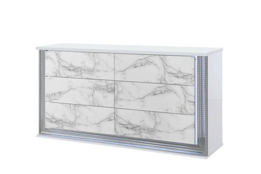 61" White Faux Marble And Wood Lighted Six Drawer Double Dresser