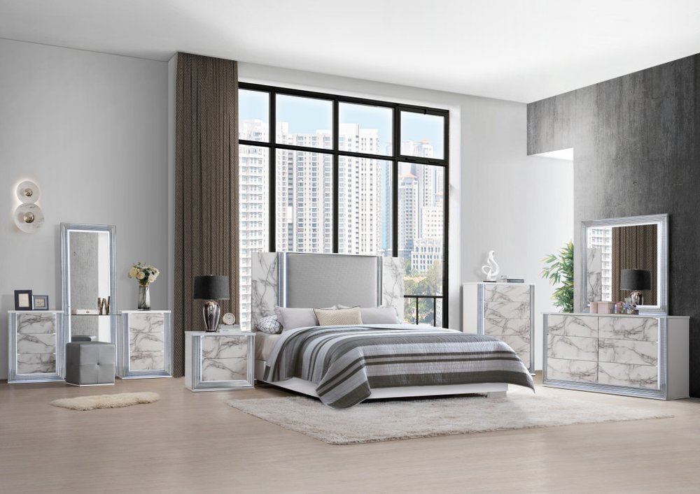 61" White Faux Marble And Wood Lighted Six Drawer Double Dresser