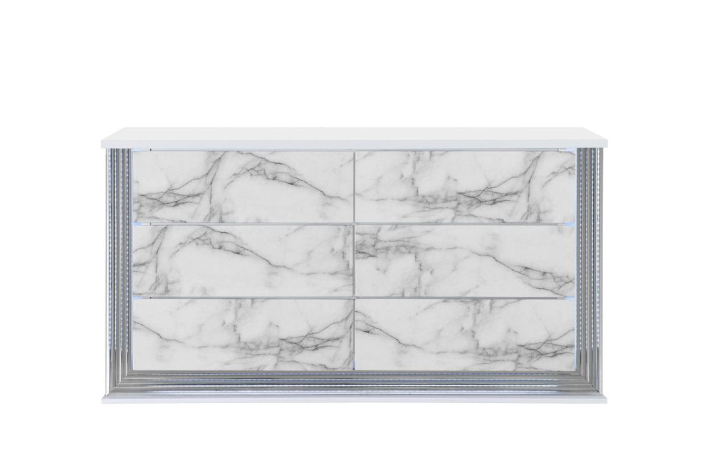 61" White Faux Marble And Wood Lighted Six Drawer Double Dresser