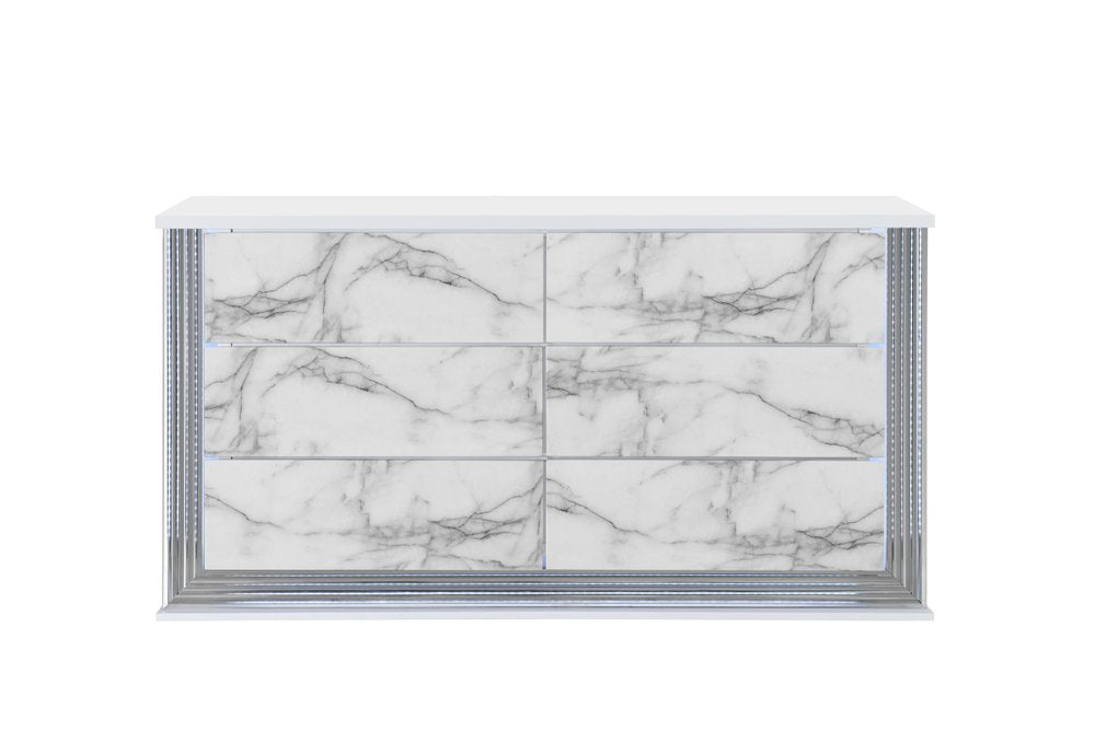 61" White Faux Marble And Wood Lighted Six Drawer Double Dresser