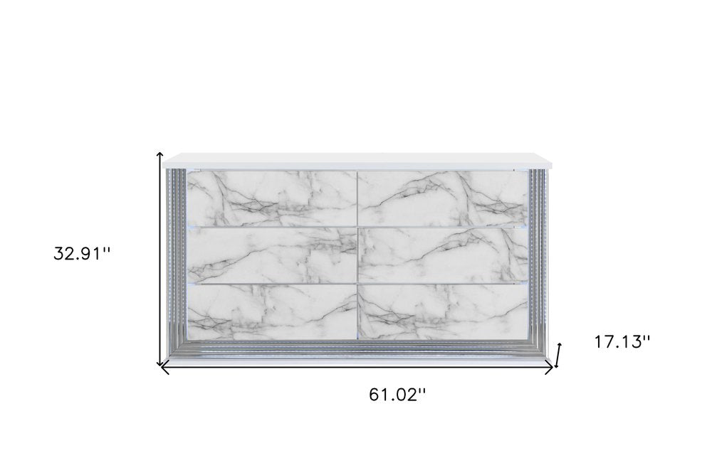 61" White Faux Marble And Wood Lighted Six Drawer Double Dresser