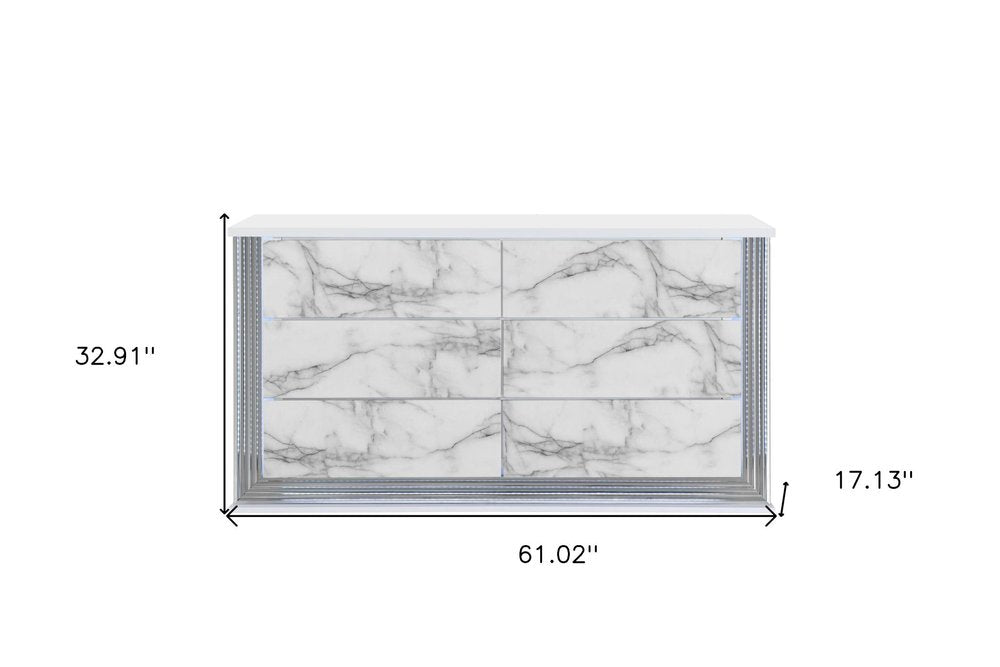 61" White Faux Marble And Wood Lighted Six Drawer Double Dresser