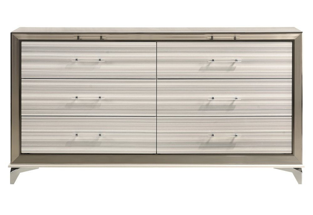 64" White And Silver Wood Six Drawer Double Dresser