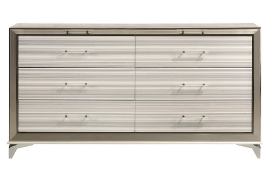 64" White And Silver Wood Six Drawer Double Dresser