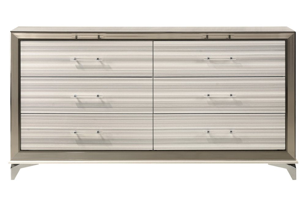 64" White And Silver Wood Six Drawer Double Dresser
