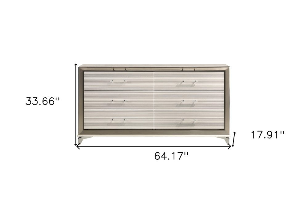 64" White And Silver Wood Six Drawer Double Dresser