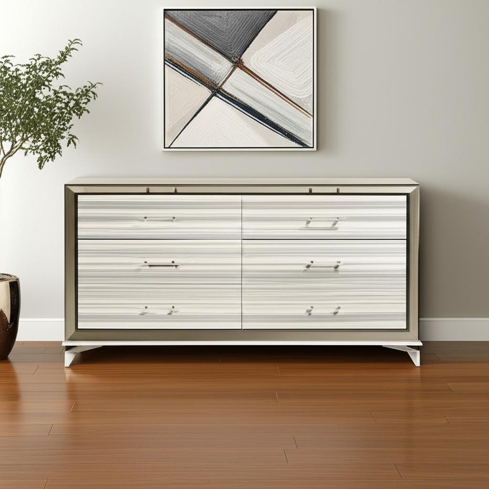 64" White And Silver Wood Six Drawer Double Dresser