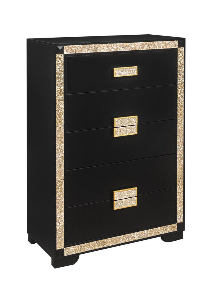 48" Black And Gold Faux Crystal Bling Wood Six Drawer Dresser