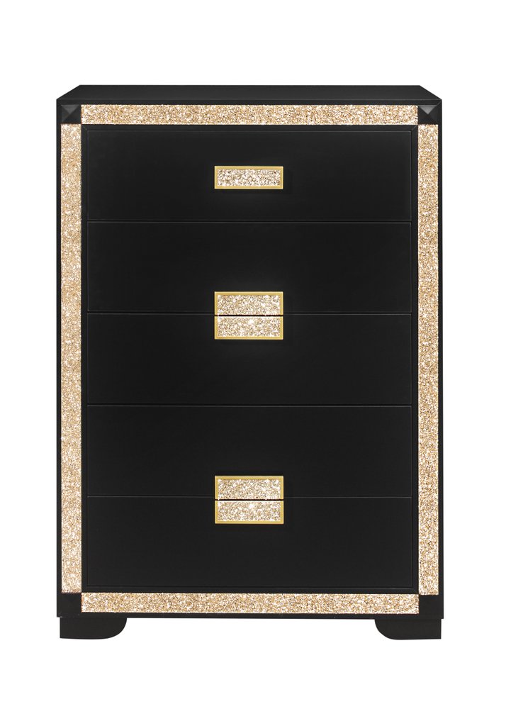 48" Black And Gold Faux Crystal Bling Wood Six Drawer Dresser