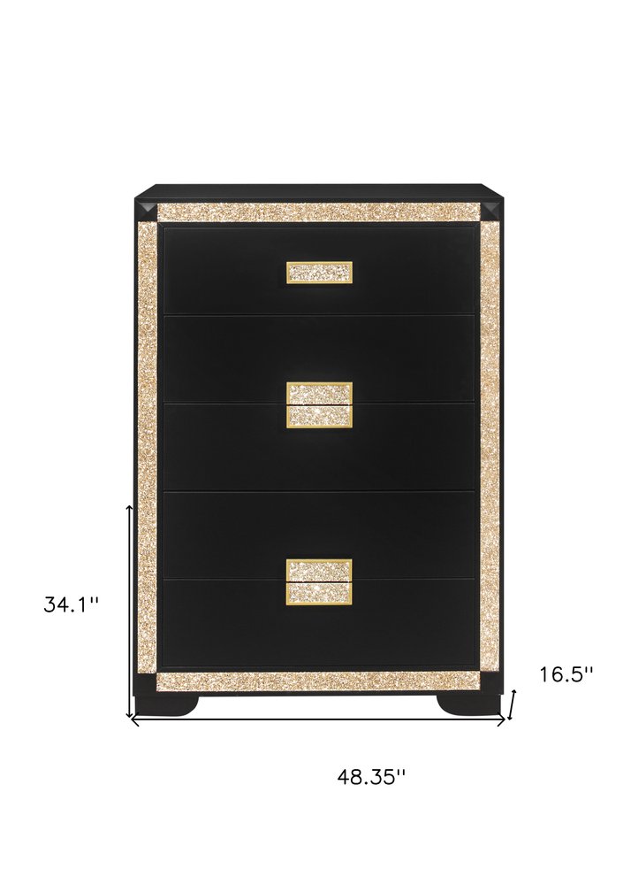 48" Black And Gold Faux Crystal Bling Wood Six Drawer Dresser