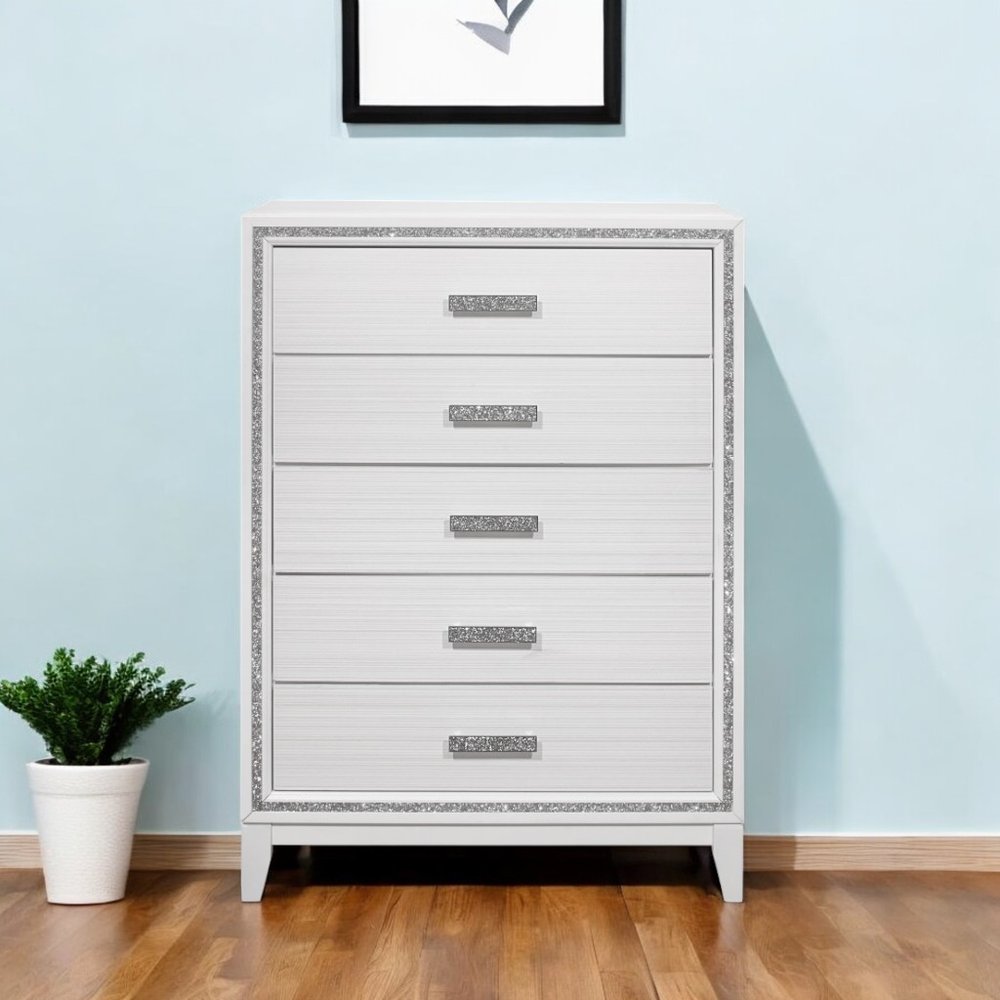 49" White And Silver And Faux Wood And Crystal Bling Lighted Five Drawer Dresser