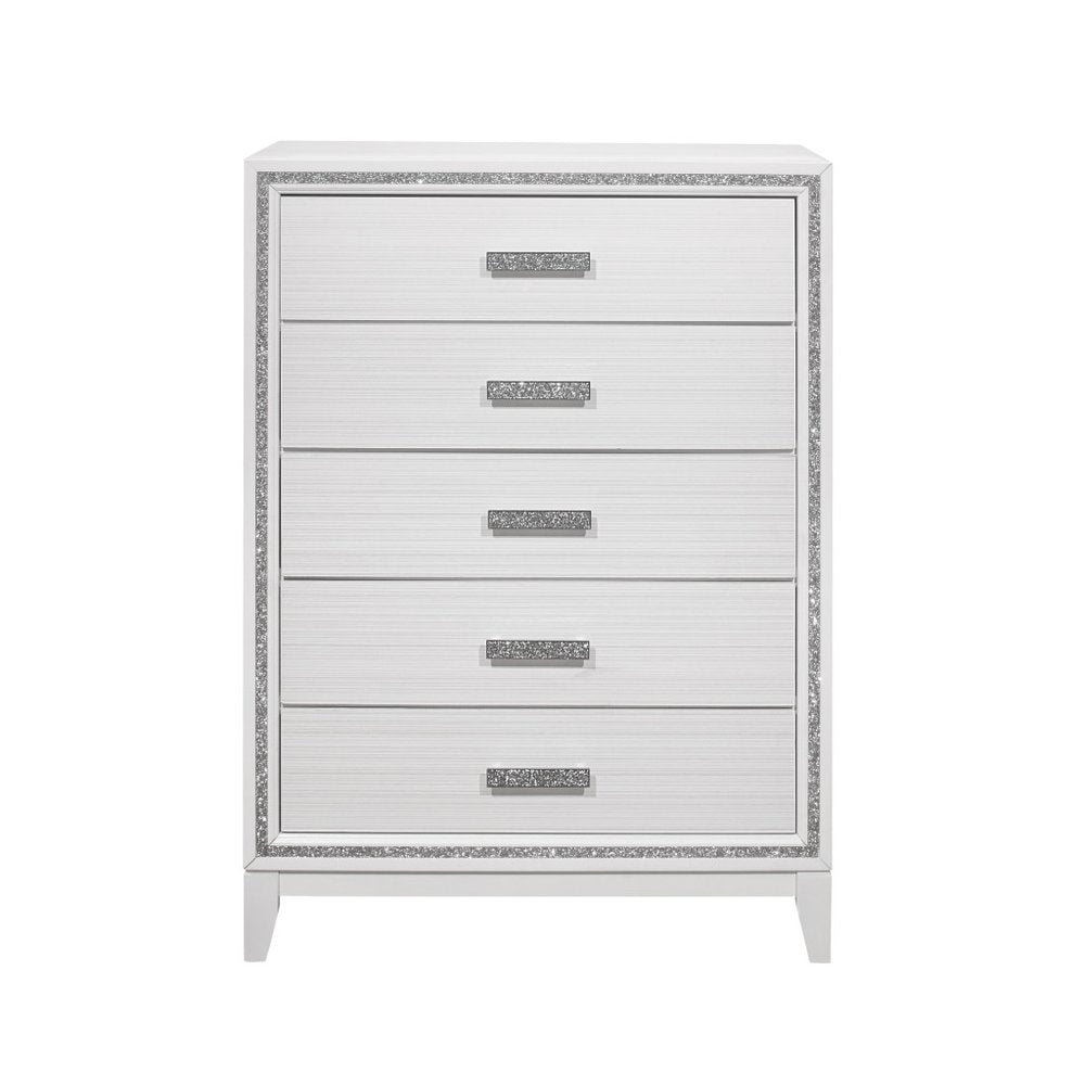 49" White And Silver And Faux Wood And Crystal Bling Lighted Five Drawer Dresser