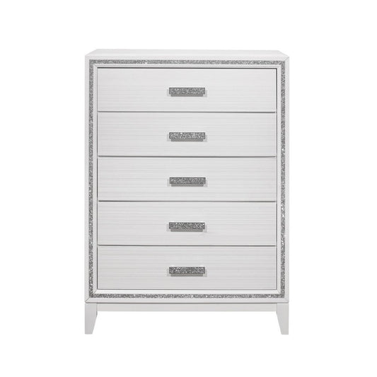 49" White And Silver And Faux Wood And Crystal Bling Lighted Five Drawer Dresser