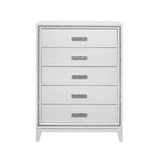 49" White And Silver And Faux Wood And Crystal Bling Lighted Five Drawer Dresser