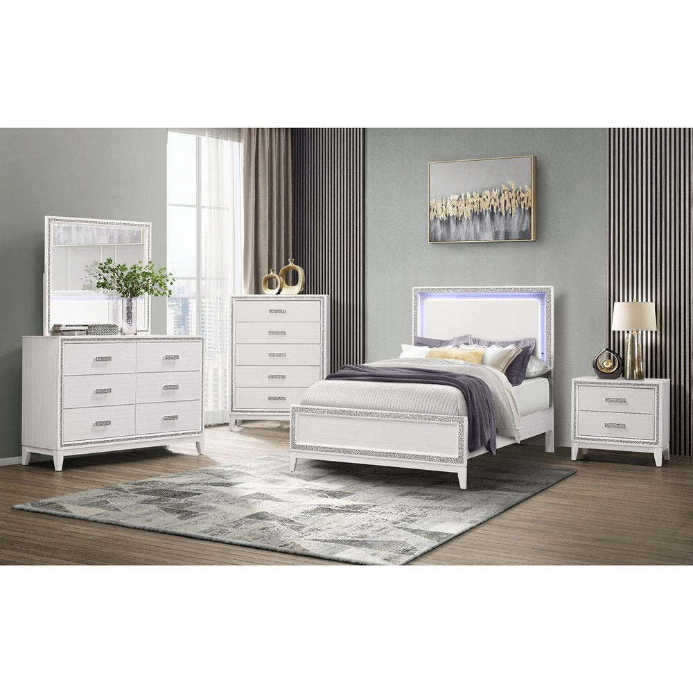 49" White And Silver And Faux Wood And Crystal Bling Lighted Five Drawer Dresser