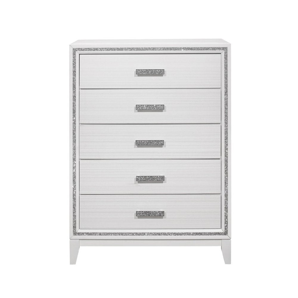 49" White And Silver And Faux Wood And Crystal Bling Lighted Five Drawer Dresser